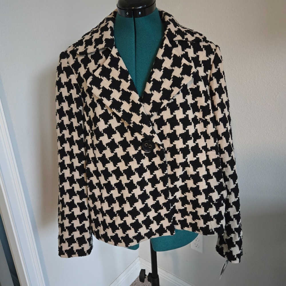 Nine West Womens Swing Jacket NWT Size 14 Black Beige Houndstooth Single Button